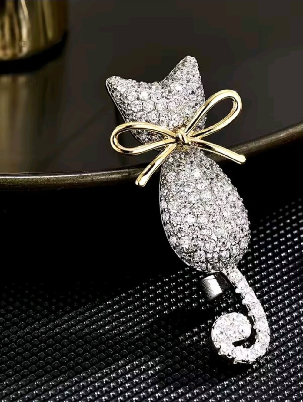Silver Crystal Cat Brooch with Gold Bow